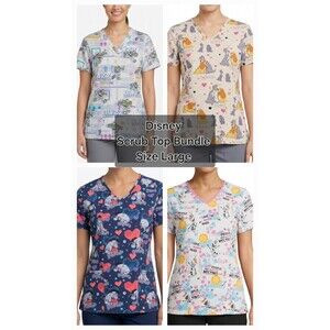 LOT OF 4 Disney Scrub Tops Large L Toy Story Buzz Frozen Olaf Eeyore Lady Tramp